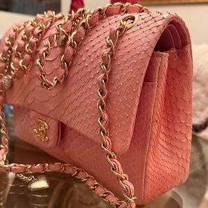 Auth very rare limited chanel PYTHON PINK  gold charm  Chain Shoulder Bag.